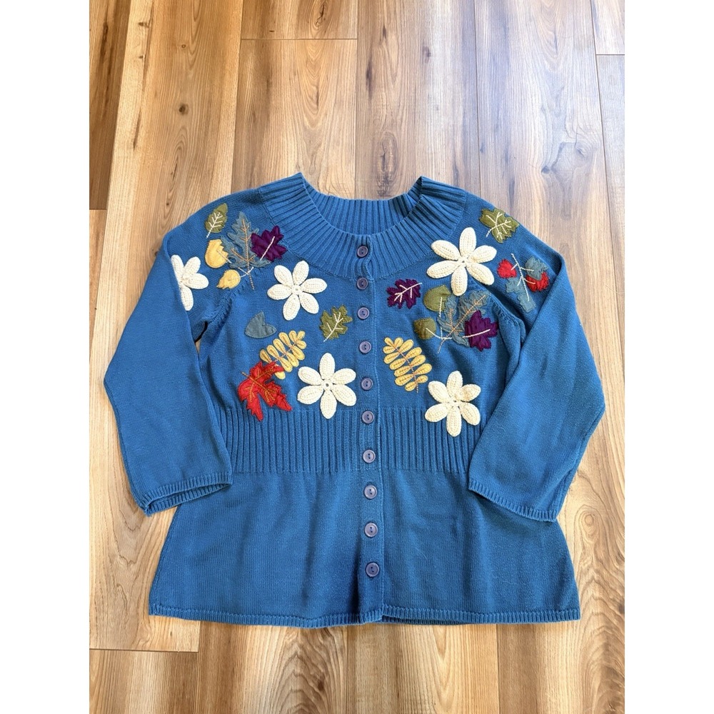 Classic Elements Fall Sweater Leaves Teal Women's XL Embroidered Cardigan